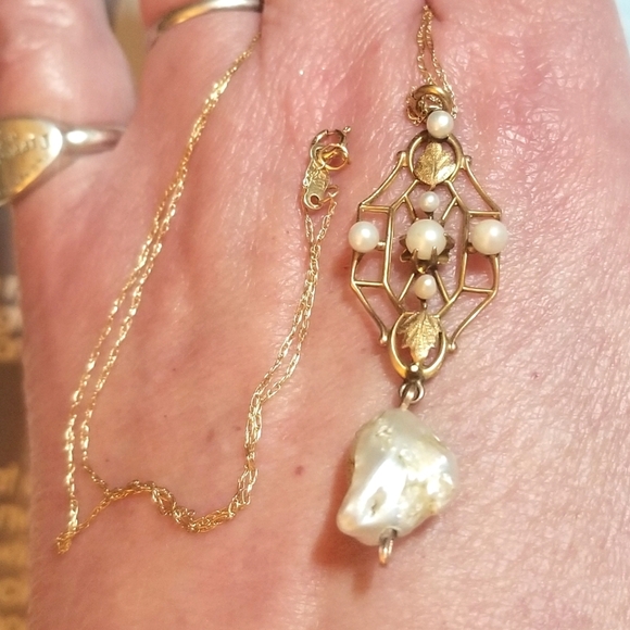 ANTQ SOLID 10KT Gold Seed Pearl Lavaliere Necklace - Picture 2 of 8